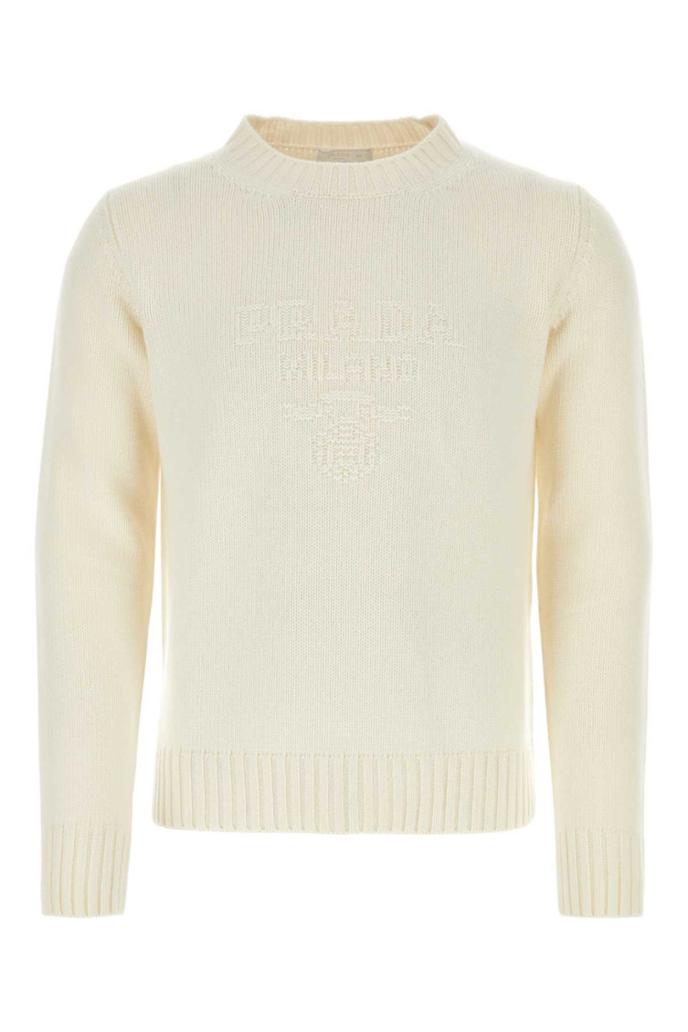 Prada Stretch Cashmere Blend Crew Neck Sweater In Off White