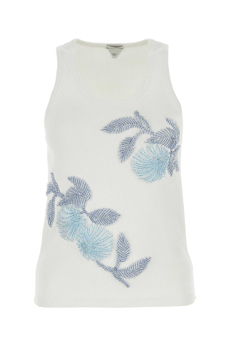 Bottega Veneta Ribbed Cotton Tank Top With Beaded Embroidery In White
