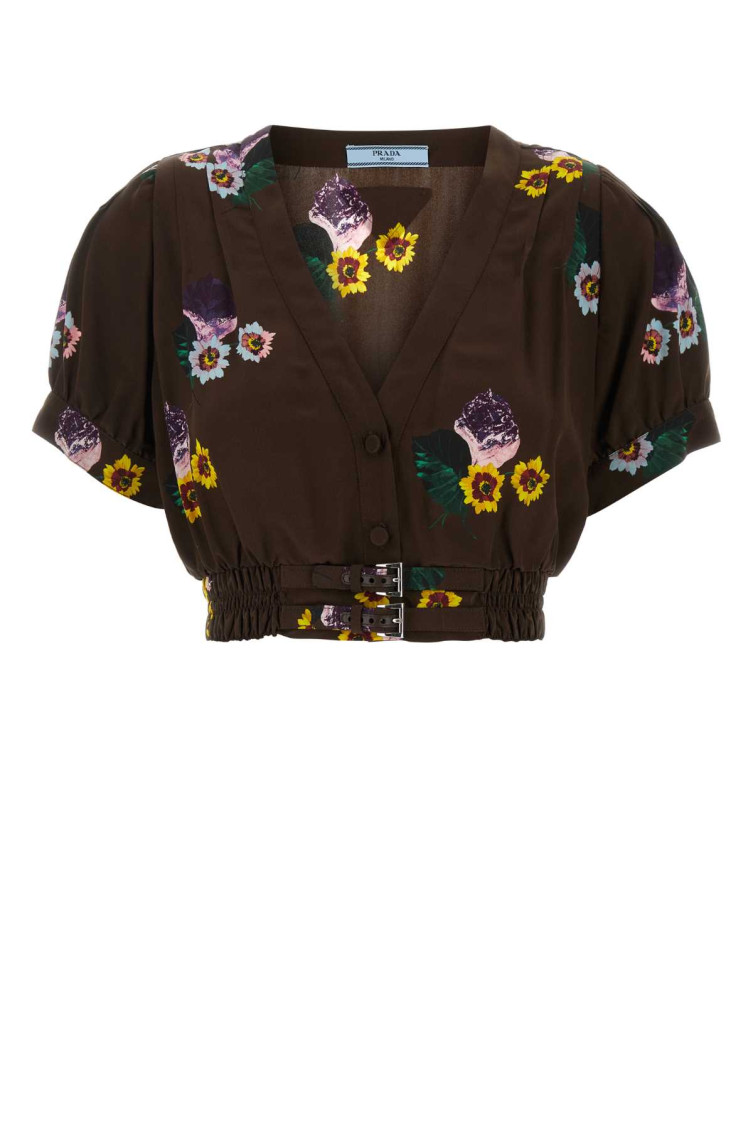 Prada Dark Brown Floral Print Crop Top In Dark Brown