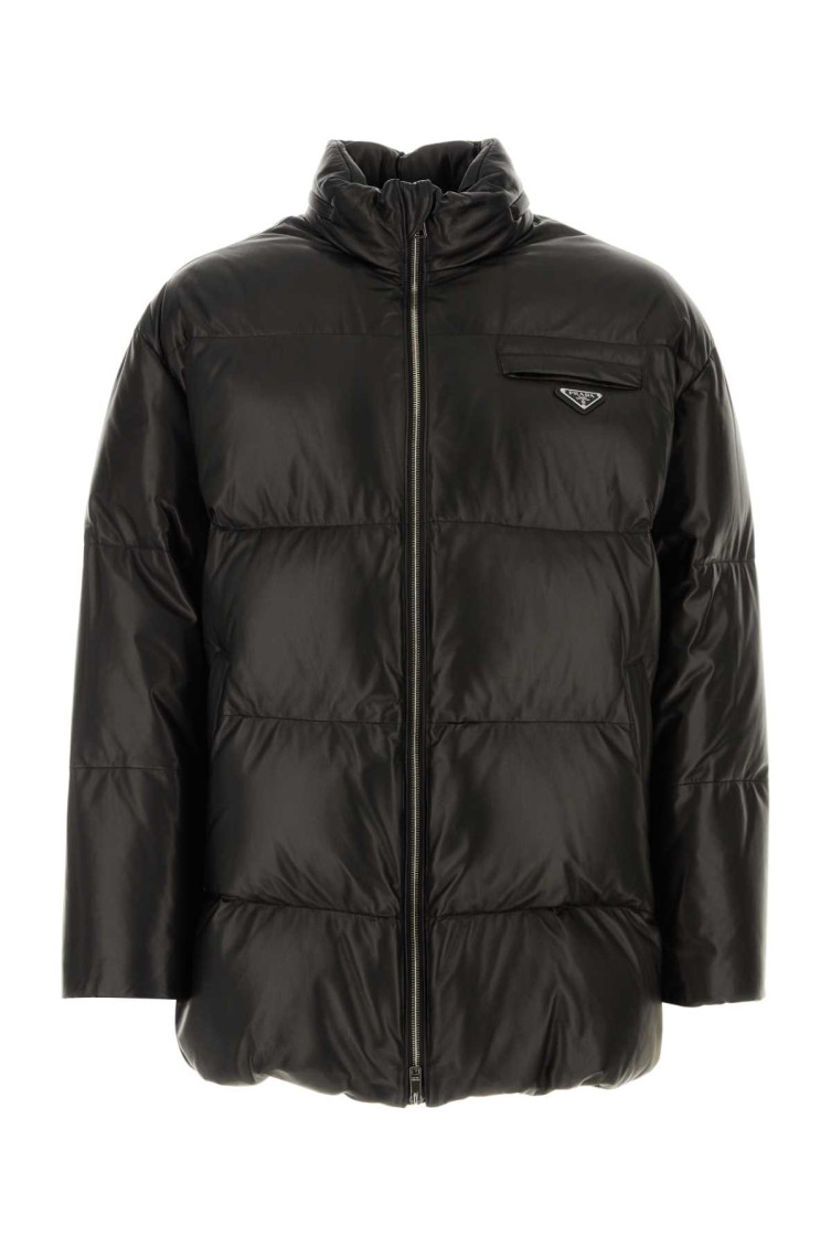 Shop Prada Black Logo Patch Puffer Jacket