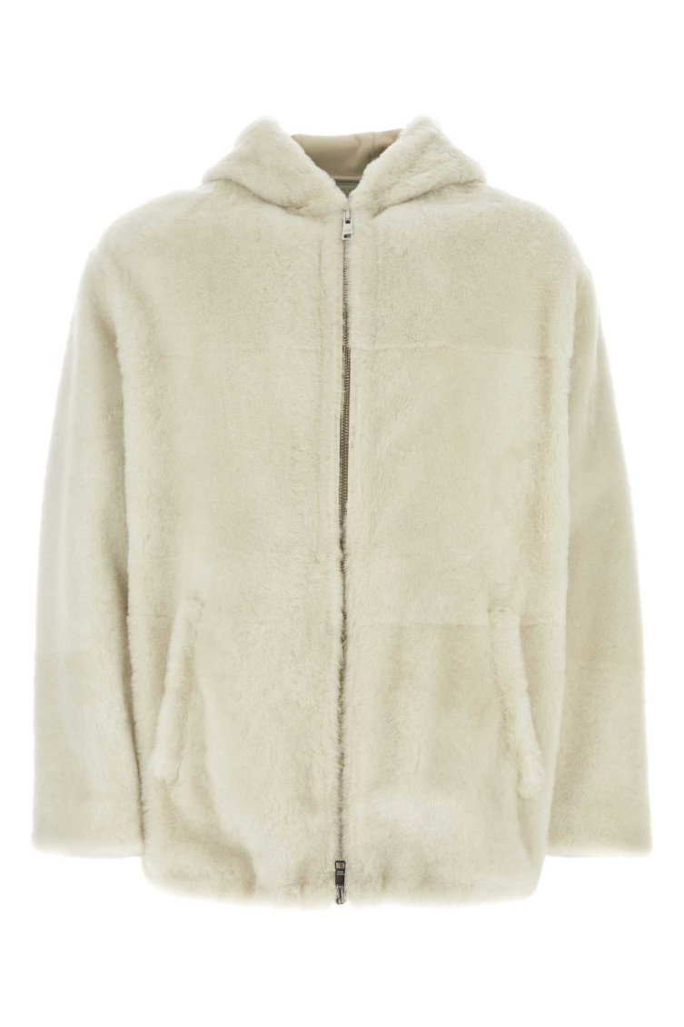 Prada Drawstring Hood Shearling Jacket In White