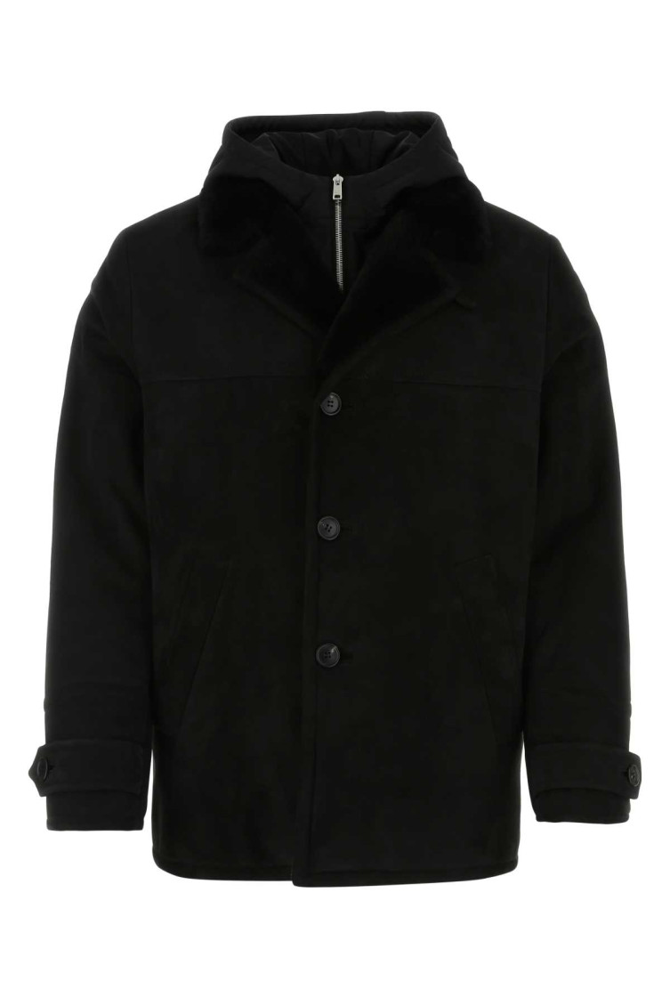 Prada Shearling Hooded Jacket With Detachable Sleeveless Layer In Black