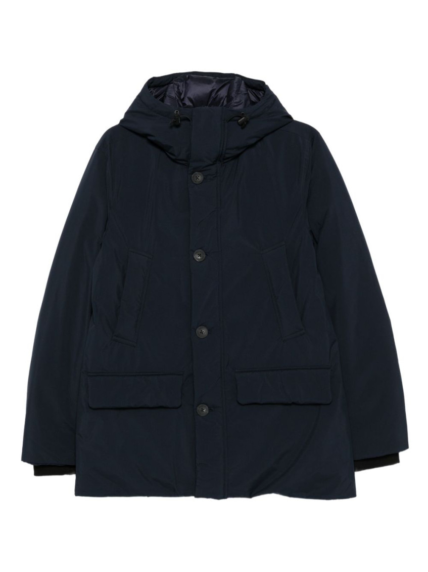 Woolrich Relaxed-fit Hooded Coat With Button Closure And Multiple Pockets In Black