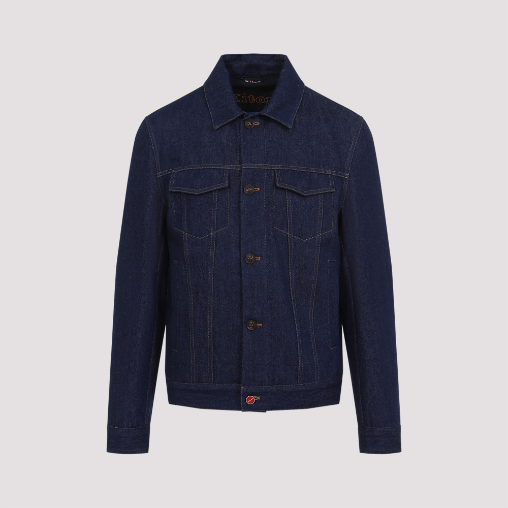 Kiton Cotton Jacket With Pointed Collar And Chest Pockets In Blue