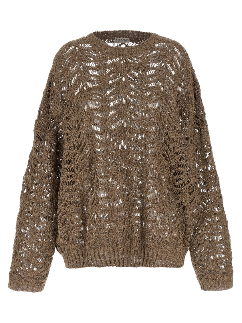 Brunello Cucinelli Dazzling Brown Round Neck Sweater With Open Stitch And Beaded Decorations In Linen Blend Woman In Brown