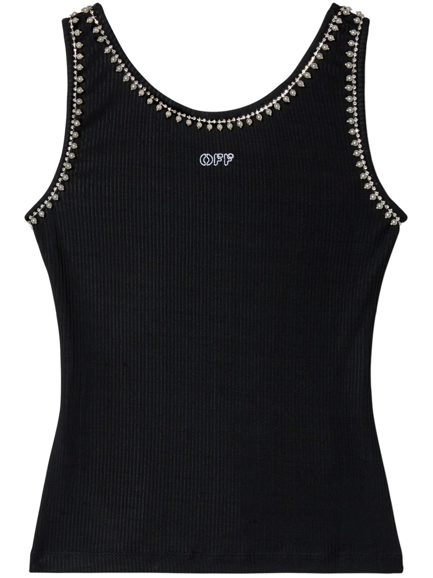 Off-white Pearl Embellished Ribbed Tank Top In Black
