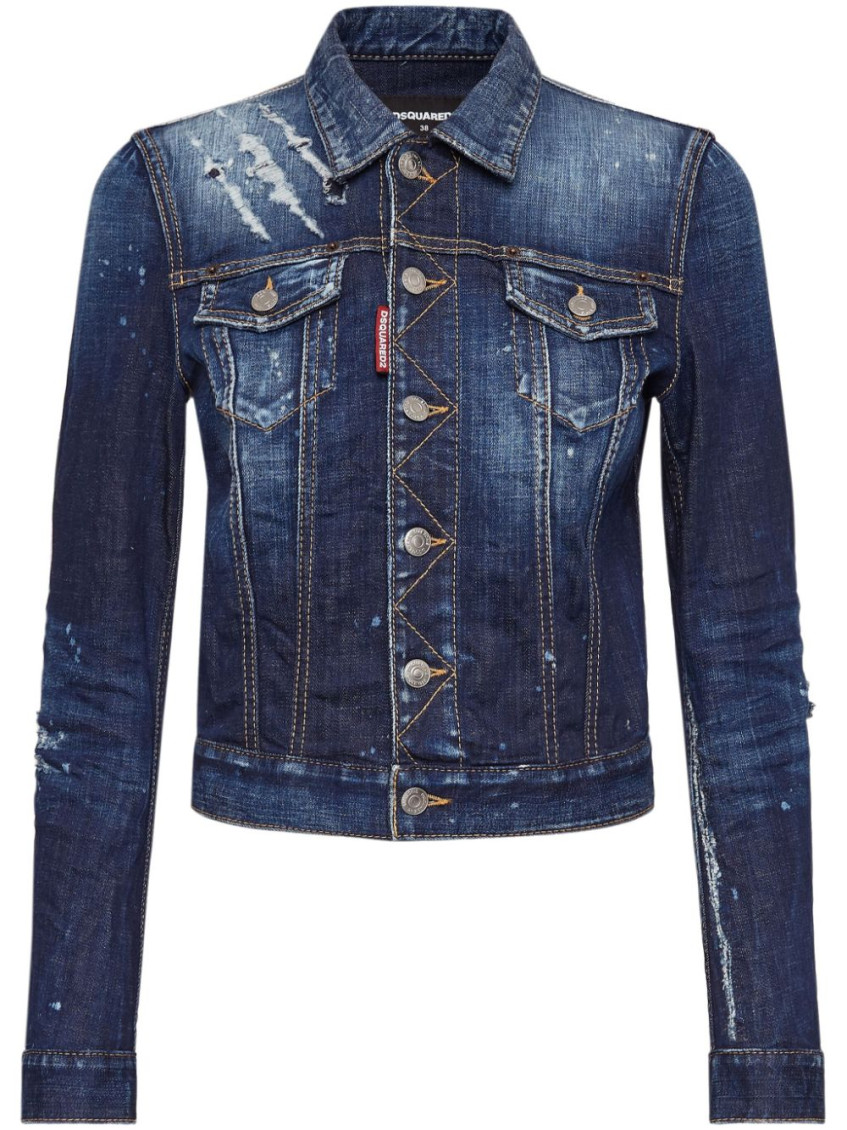 Dsquared2 Distressed Denim Jacket Buttoned Cuffs In Navy Blue