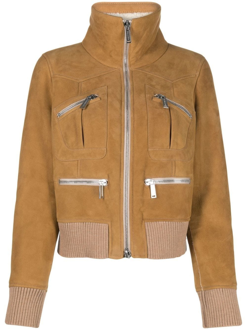 Dsquared2 Ribbed-detail Zip-up Bomber Jacket With Front Pockets In Light Brown