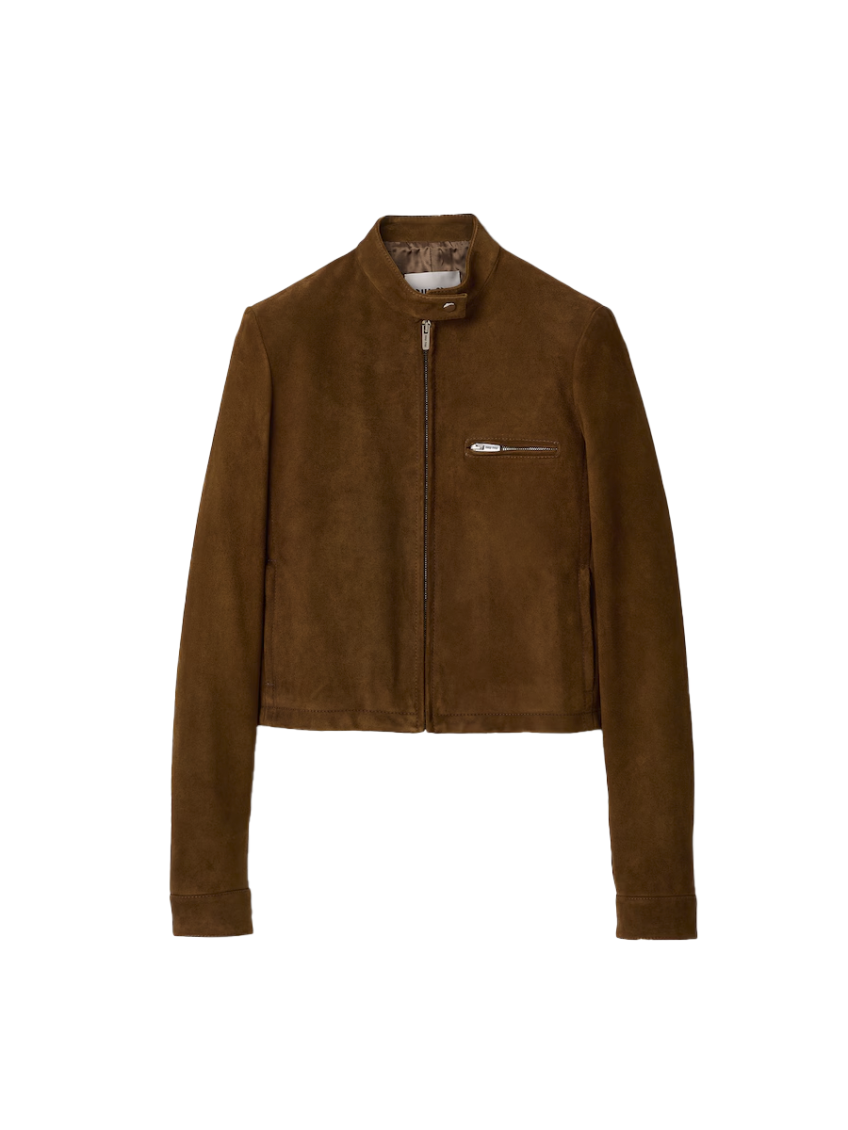 Miu Miu Long Sleeve Zip Up Jacket With Collar In Brown