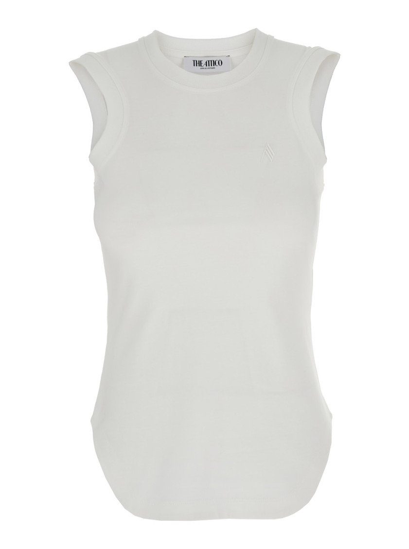 Attico Crew Neck Sleeveless Top In Soft Fabric In White