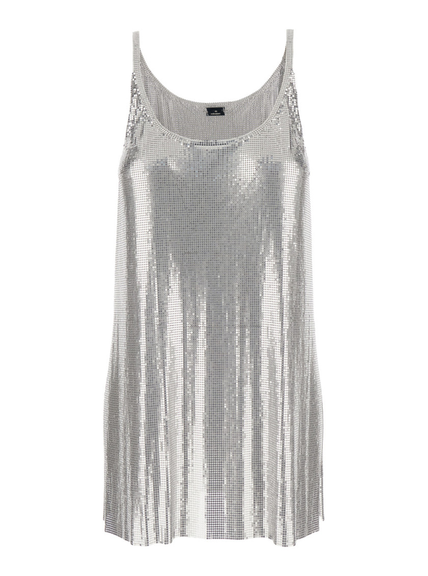 Rabanne Metallic Sleeveless Top With Spaghetti Straps And Chainmail In Tech Fabric Woman In Silver