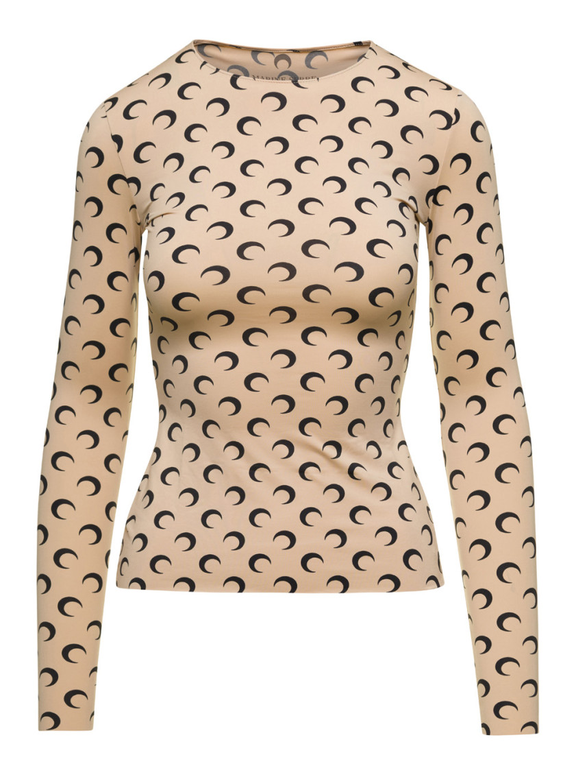 Marine Serre Beige Crewneck T-shirt With All-over Crescent Moon Print In Tech Fabric Stretch Woman In Beige