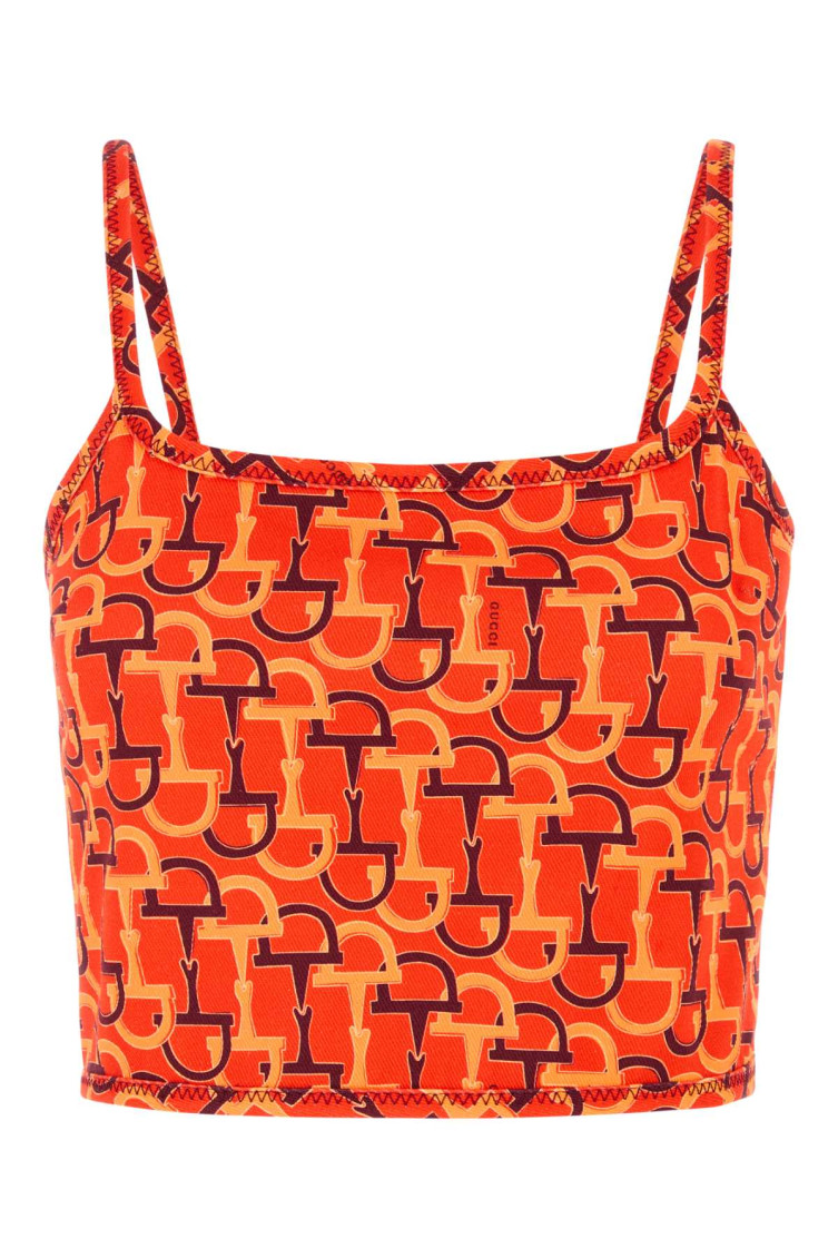Gucci Orange Top With Spaghetti Straps And All-over Horsebit Print In Cotton Woman In Multicolor
