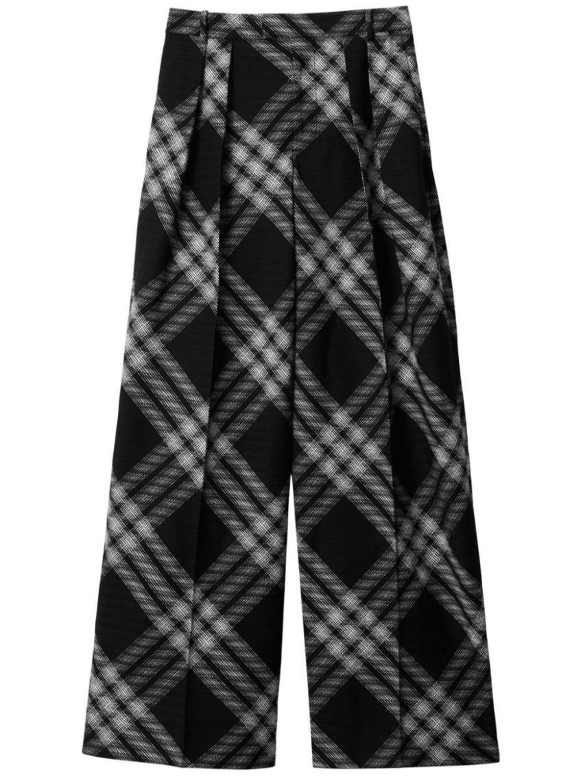 Burberry Pleated Checked Wool Straight-leg Pants In Black