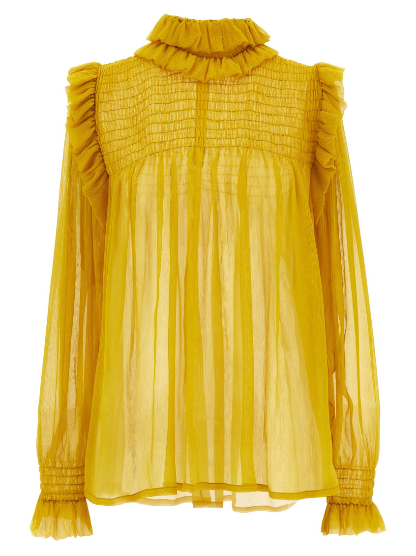 Saint Laurent Silk Blouse With Ruffled Collar And Smocked Detailing In Yellow
