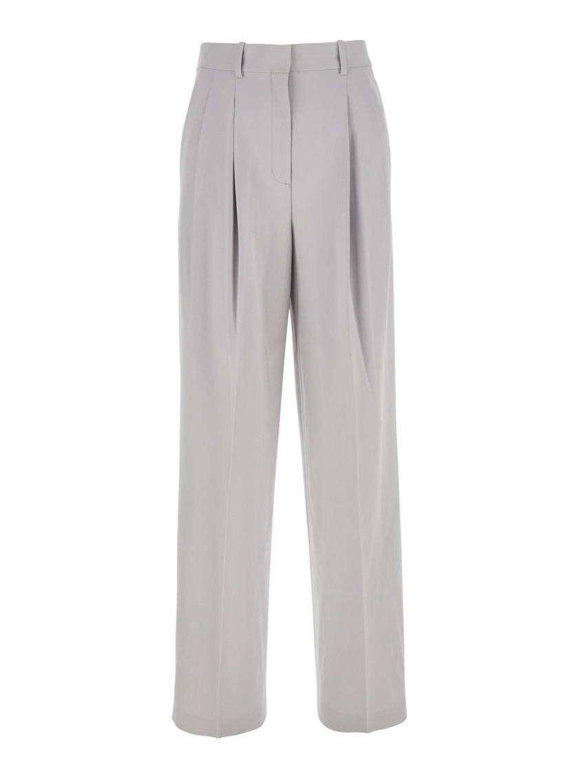 Theory Metallic Pants With High Waist And Front Pences In Tech Fabric Woman In Grey