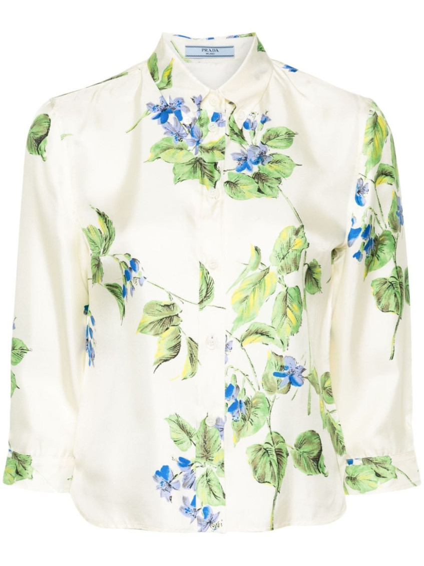 Prada Floral Print Silk Shirt In White