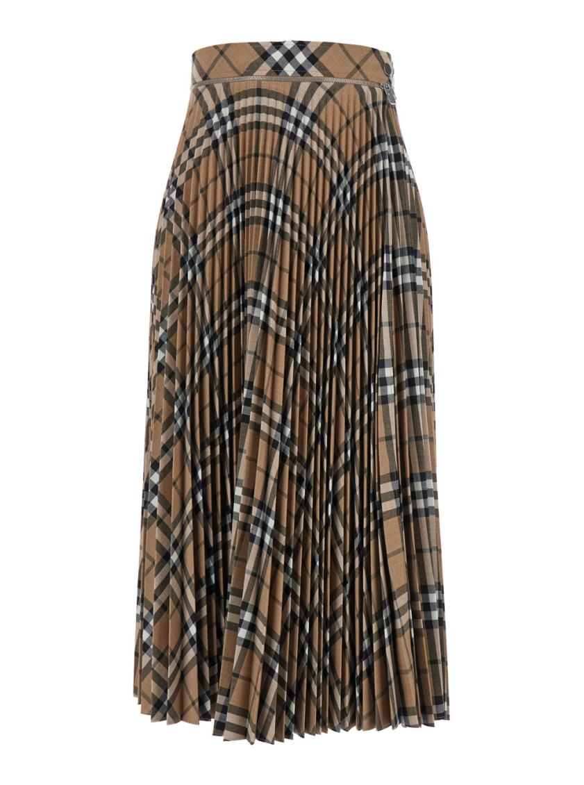 Burberry Women Linden Check Wool Blend Pleated Skirt In Beige