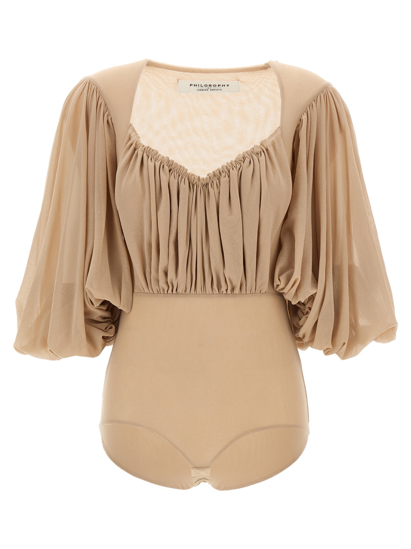 Philosophy Di Lorenzo Serafini Stretch Tulle Bodysuit With Gathered Detailing In Beige