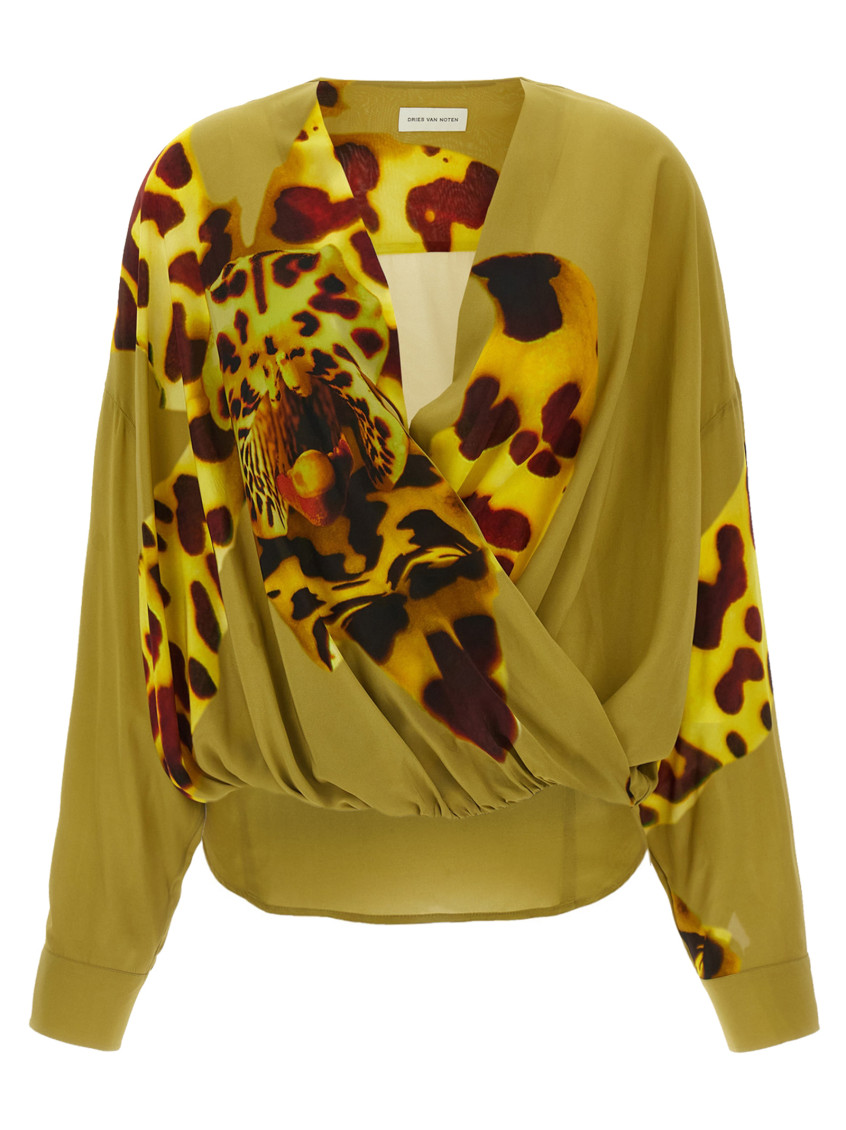 Dries Van Noten Camiel Leopard Orchid Print Faux Wrap Top In Multicolor