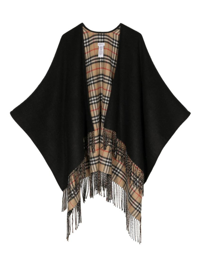 Burberry Vintage-style Check Fringed Wool Cape In Black