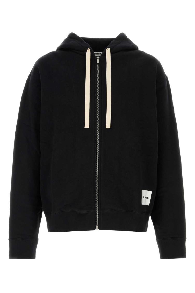 Jil Sander Logo Patch Hoodie In Black Cotton In Black