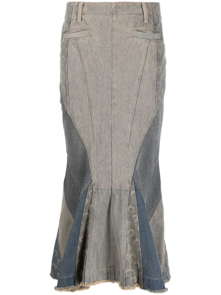 Marine Serre Regenerated Denim Flared Midi Skirt In Blue