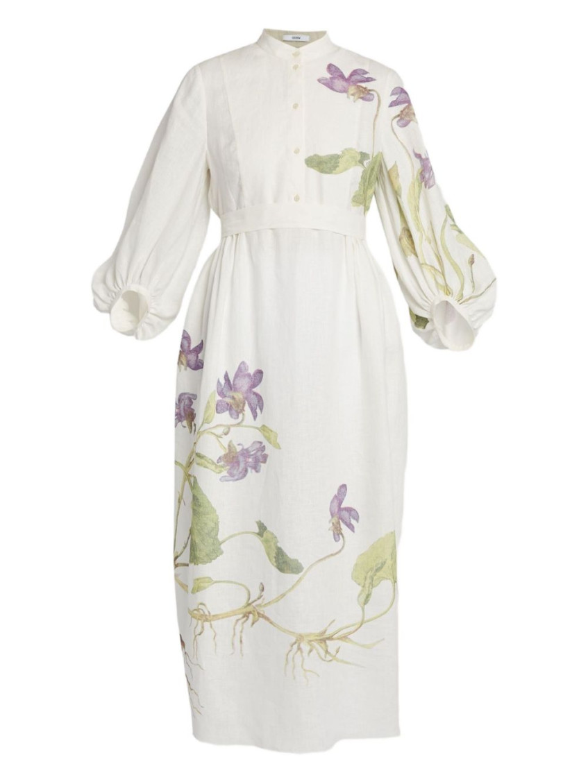 Shop Erdem White Belted Floral-print Linen Midi Dress