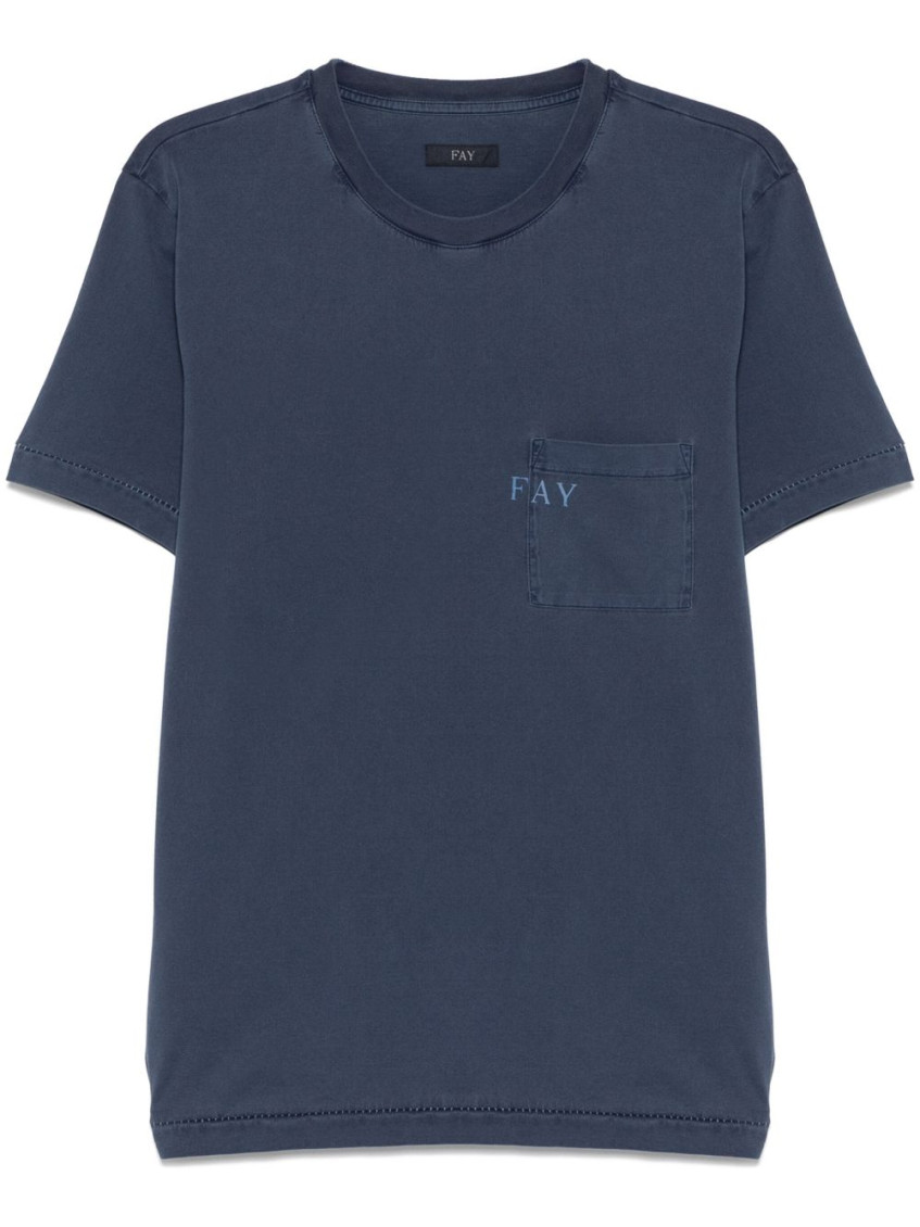 Fay Blue Crewneck T-shirt With Pocket And Logo