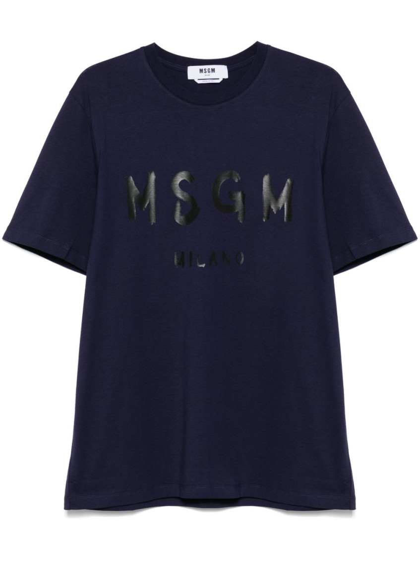 Msgm Over T-shirt In Blue Cotton With Printed Black Logo In Black