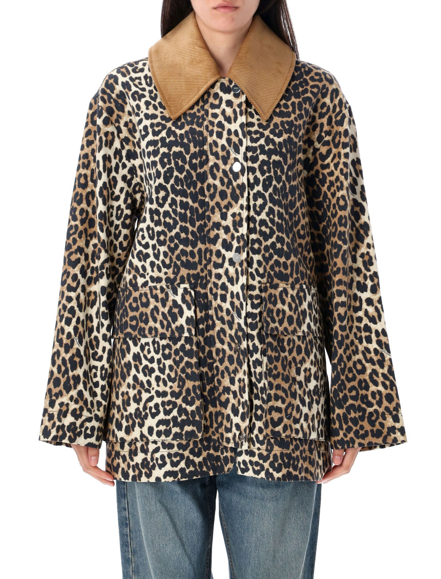 Ganni Leopard Print Canvas Midi Jacket