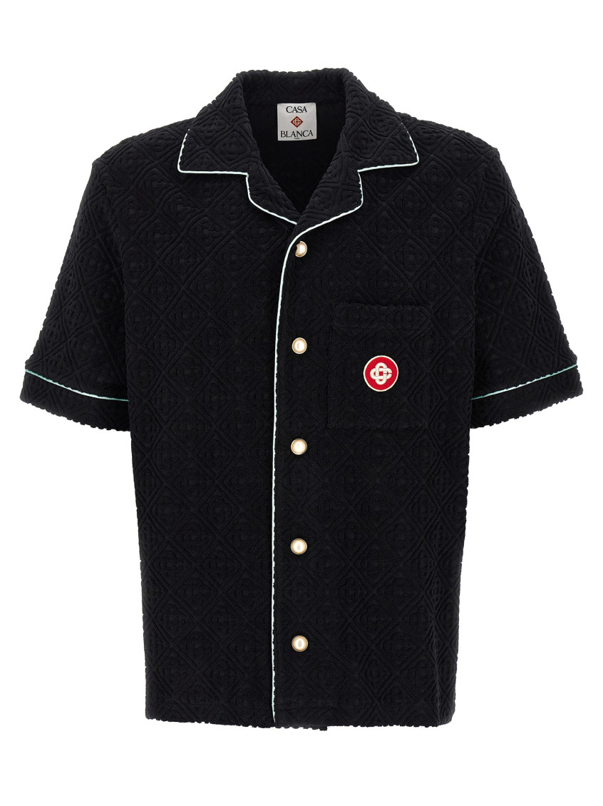 Casablanca Black Shirt With Classic Lapels And All-over Embossed Monogram In Blue
