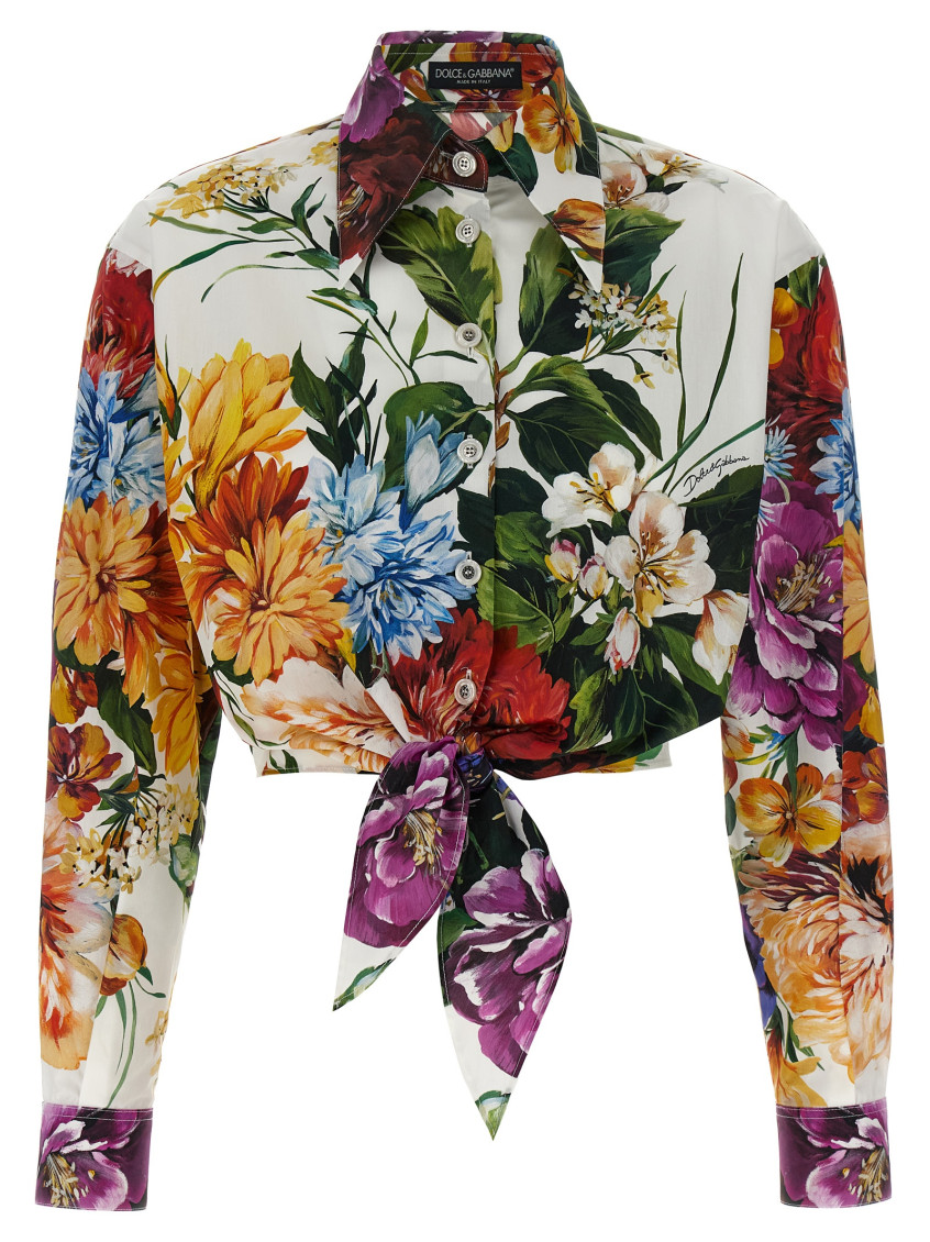 Dolce & Gabbana Multicolor Cropped Shirt With Tie Closure On The Front And All-over Floral Print In Cotton Woman