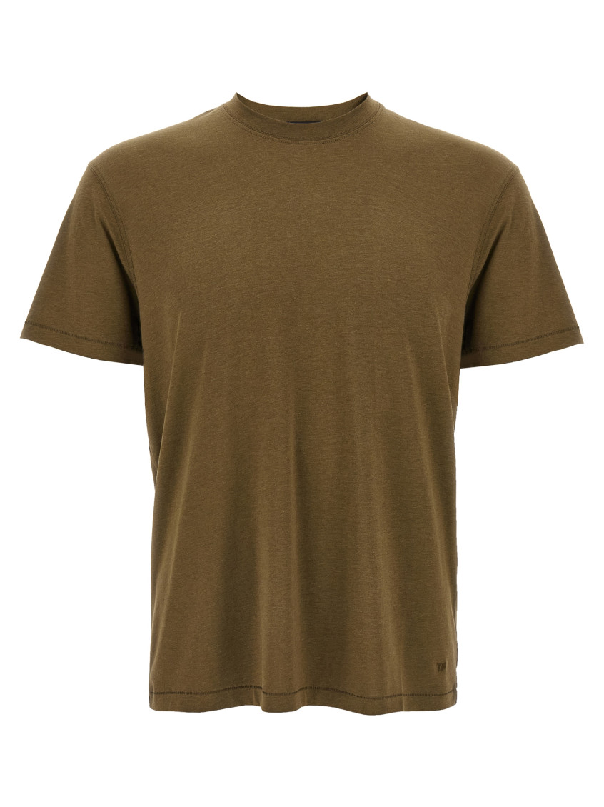 Tom Ford Military Green Crewneck T-shirt With Tf Embroidery In Lyocell And Cotton Blend Man In Green