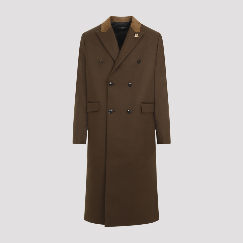 Amiri Wool Blend Double-breasted Coat With Suede Collar For Men In Dark Brown