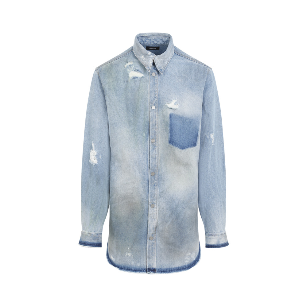 Egonlab Distressed Denim Overshirt In Blue