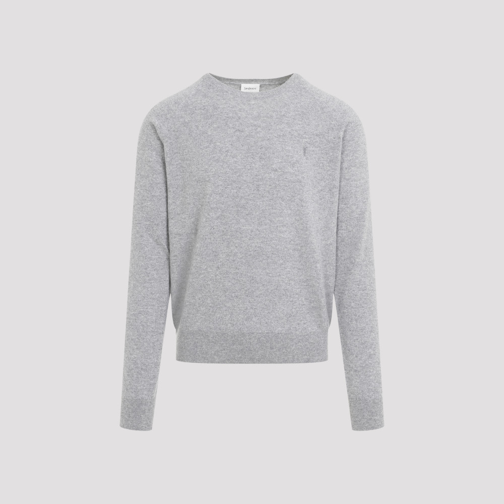 Saint Laurent Grey Crewneck Sweater With Cassandre In Cashmere Man In Light Grey