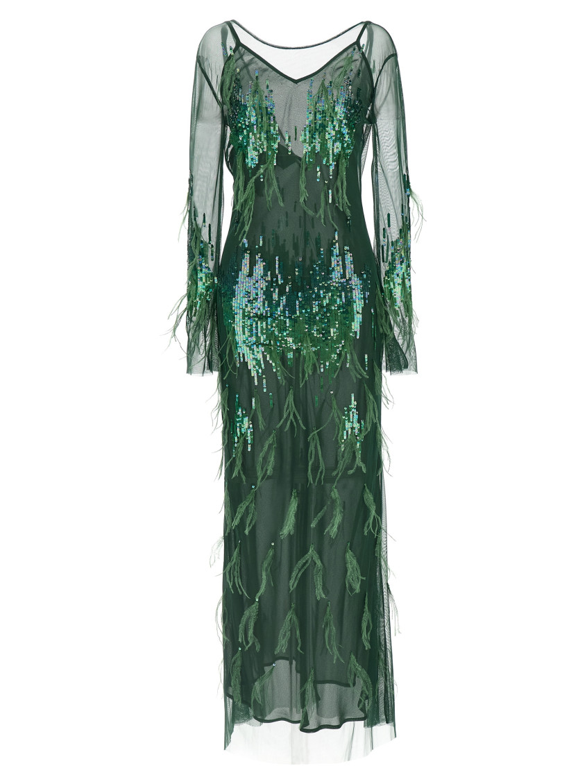 Pinko Dress With Sequins And Feathers In Green