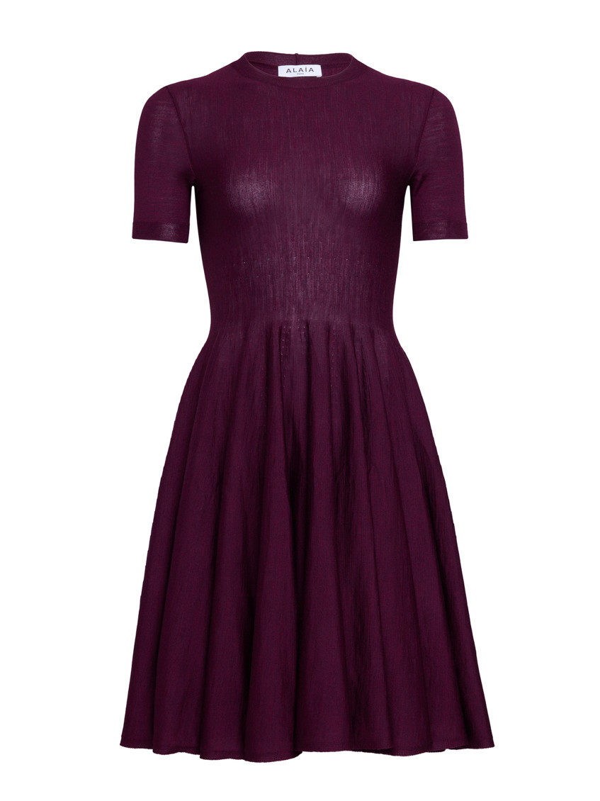 Alaïa Womens Aubergine Skater Flared Wool Mini Dress In Purple