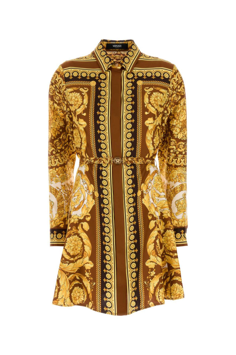 Versace Twill Shirt Dress Ornate Print In Gold