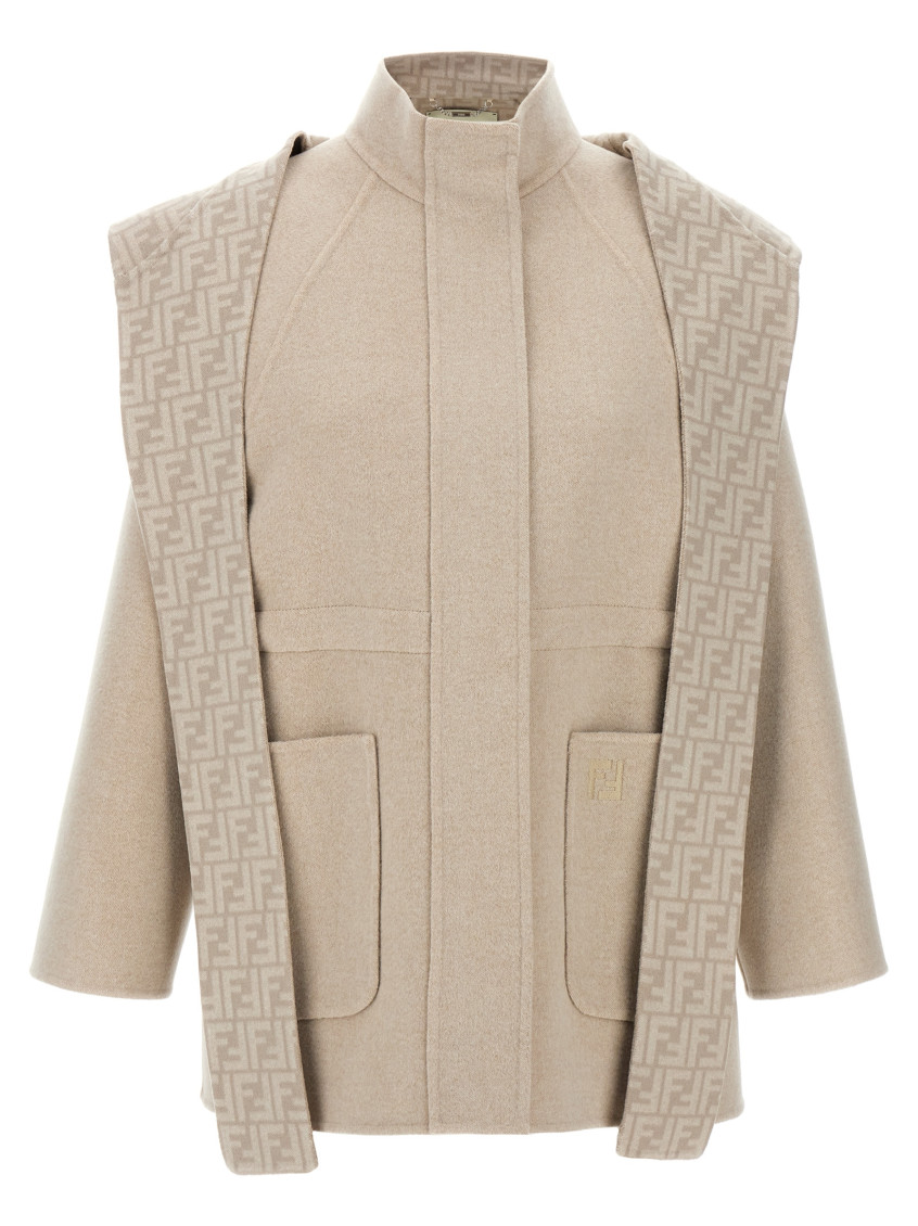 Fendi Beige Wool Parka With Removable Stole And Ff Monogram In Beige