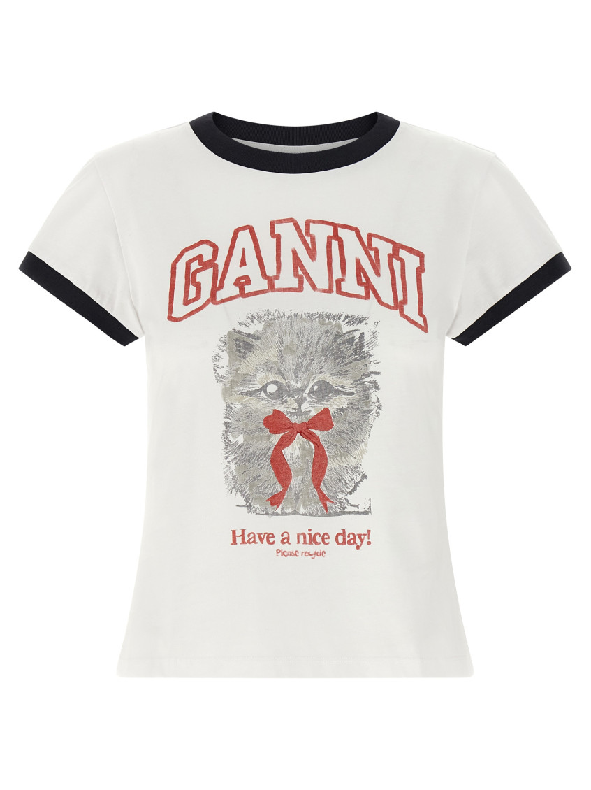 Ganni Women White Crewneck T-shirt With Maxi Print On The Front In Cotton Woman In Multi
