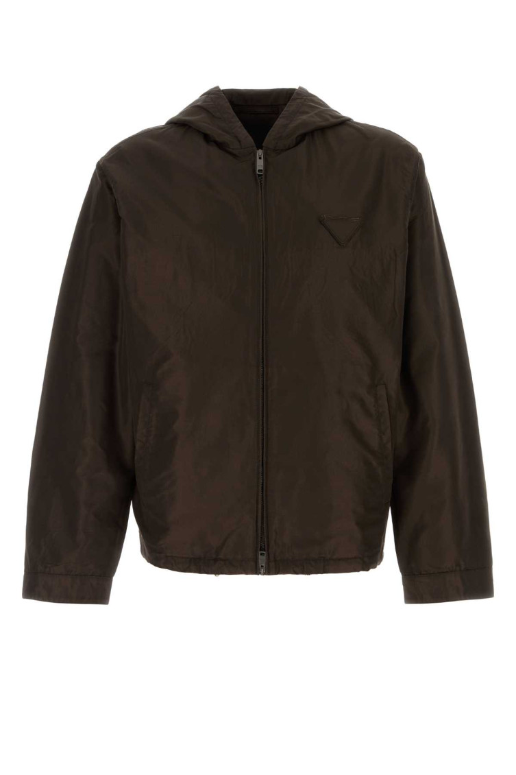 Prada Silk Hooded Jacket Drawstring Hem In Brown