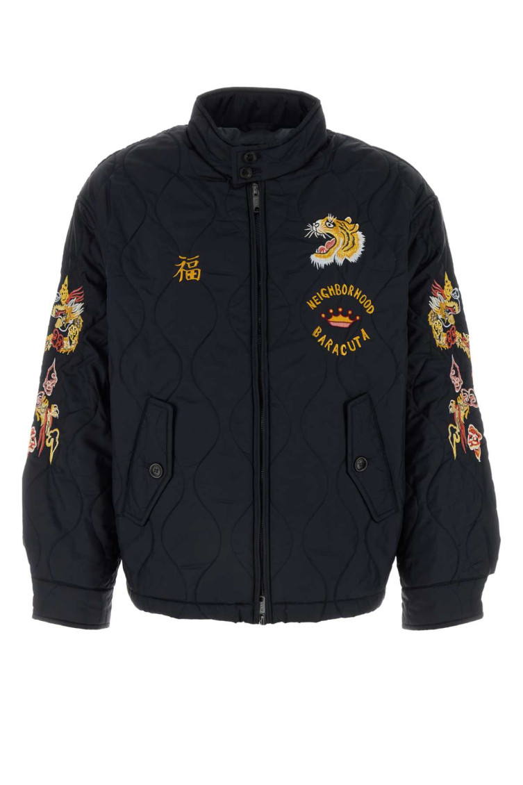Baracuta Quilted Stand Collar Jacket With Embroidered Accents In Blue
