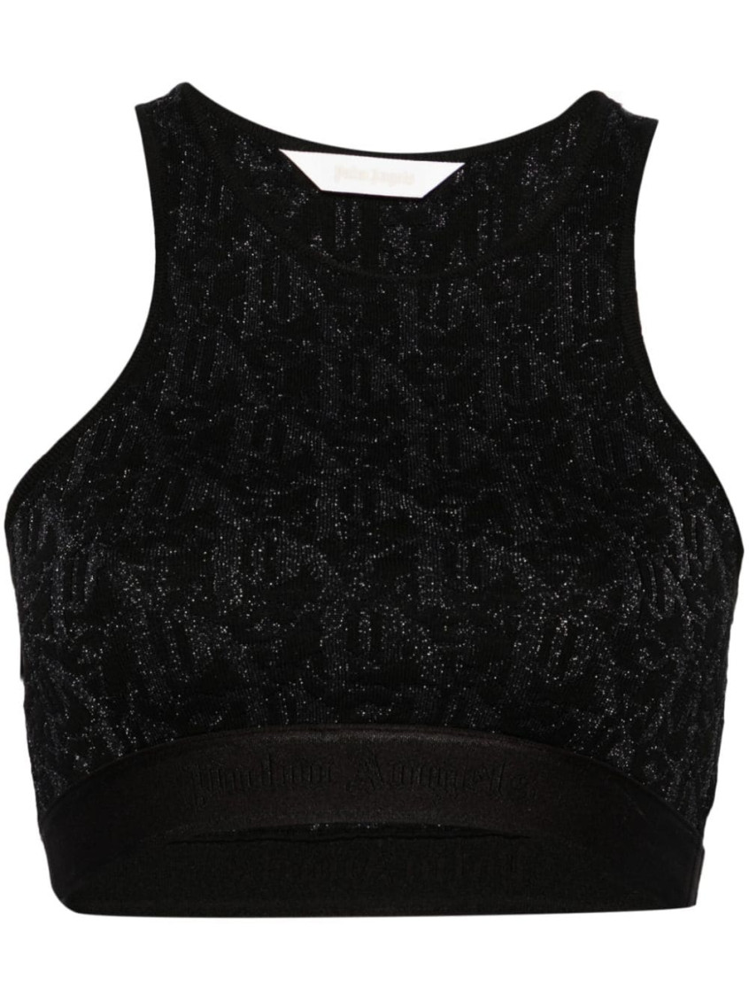 Shop Palm Angels Black Monogram-jacquard Crop Top