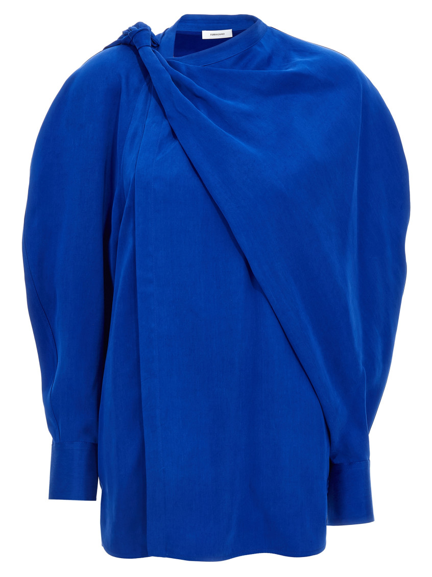 Ferragamo Draped Asymmetric Shirt With Korean Collar In Blue