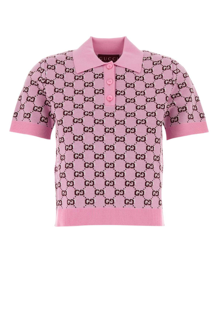 Gucci Wool Jacquard Polo Top With Gg Shadow In Pink
