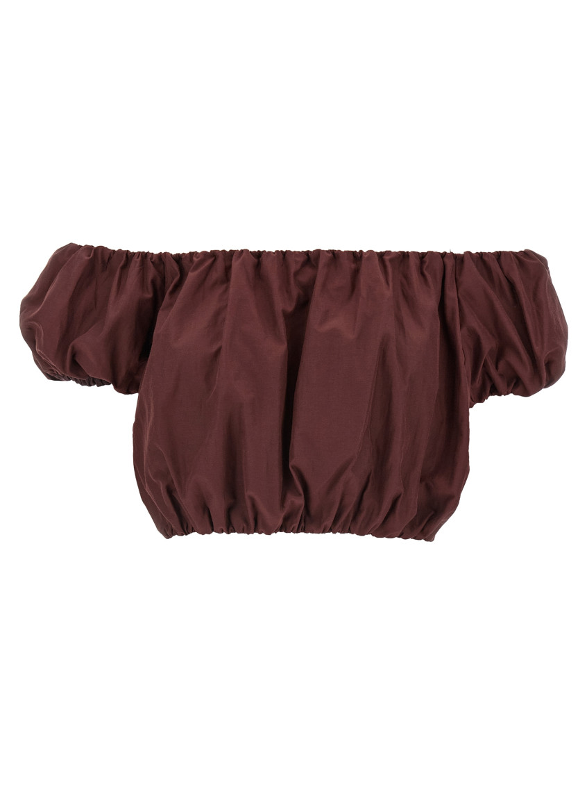 The Andamane Elasticated Hem Off-the-shoulder Puff Sleeves Top In Maroon