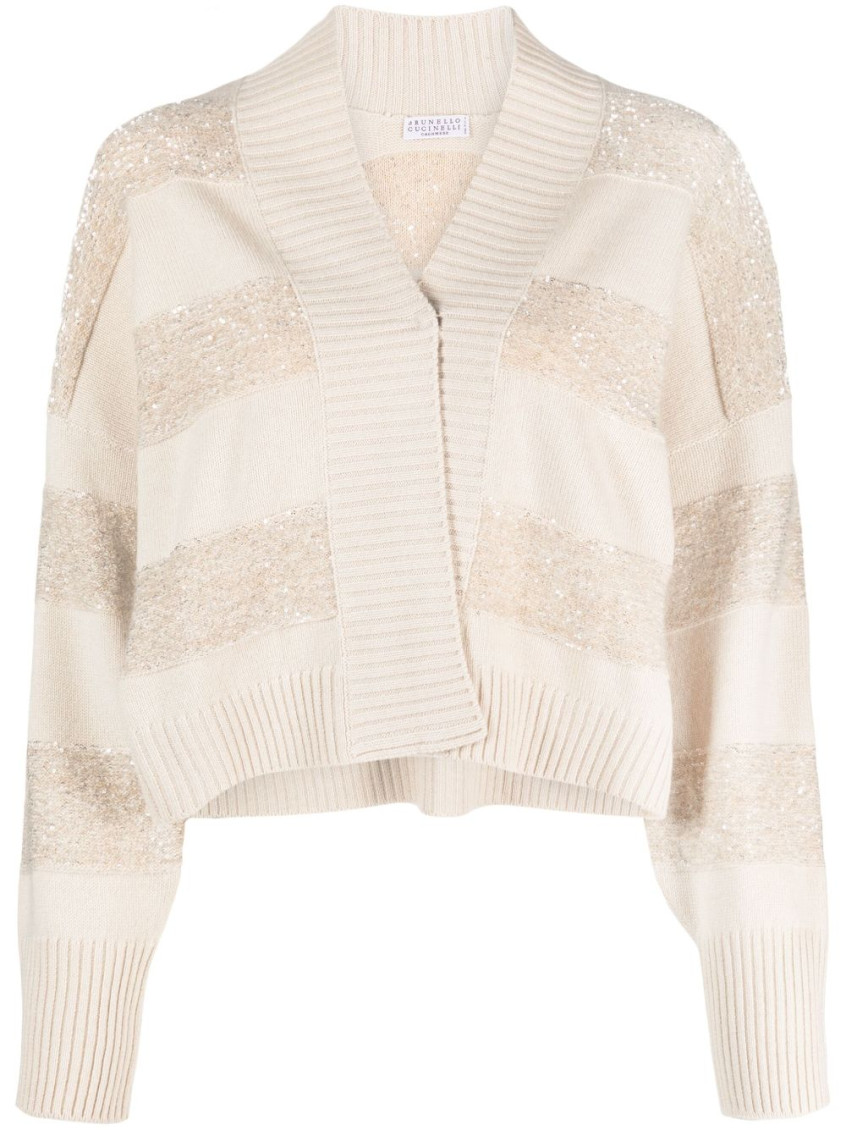 Brunello Cucinelli Stripe Embellished Rib Trim Cardigan In Neutral