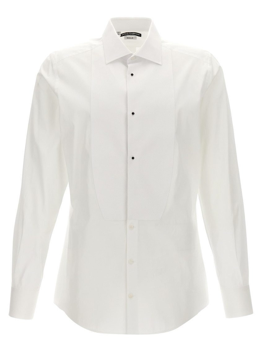Dolce & Gabbana White Cotton Poplin Gold Tuxedo Shirt In White